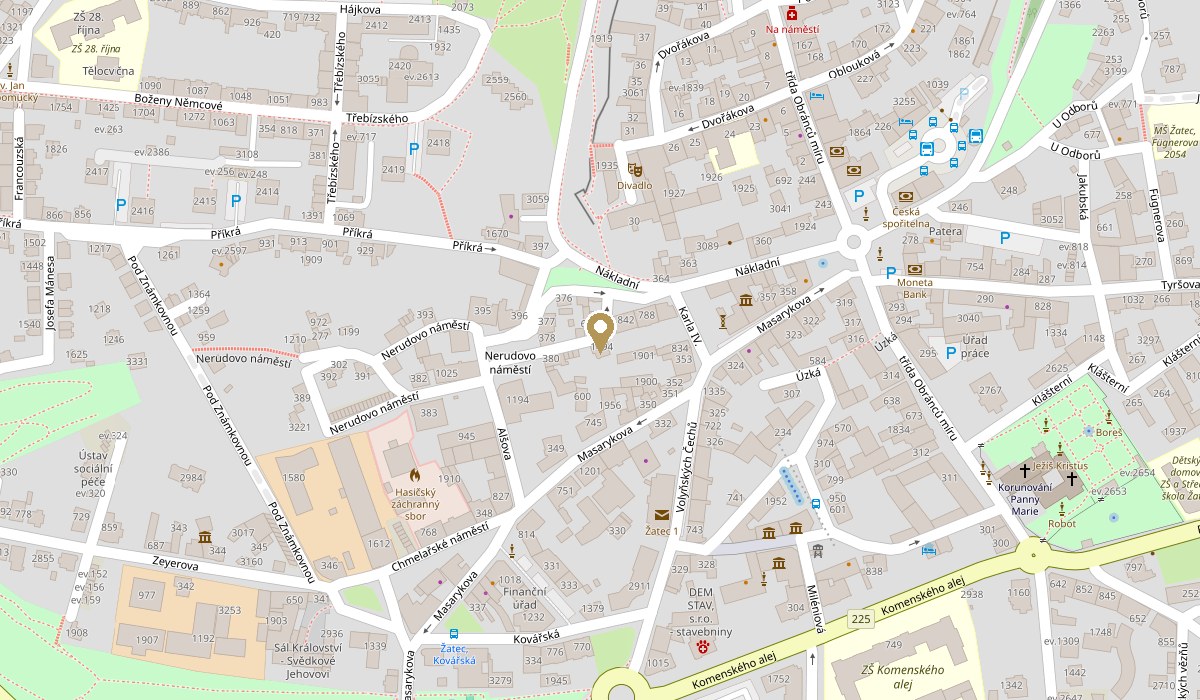Mapa s vyznačenou polohou Penzionu Kára, Nerudovo náměstí 1494, Žatec